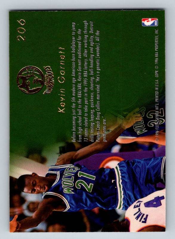 lot 188 image: 1995-96 Flair Kevin Garnett Rookie Card #206 Minnesota Timberwolves Basketball Card