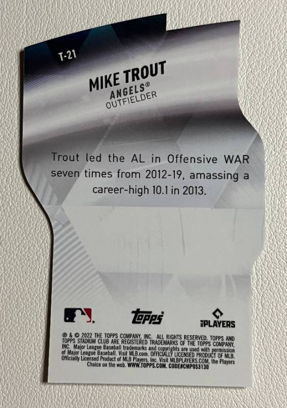 lot 99 image: 2022 Topps Stadium Club Mike Trout Triumvirate Die Cut Refractor SP Insert #T-21 Baseball Card