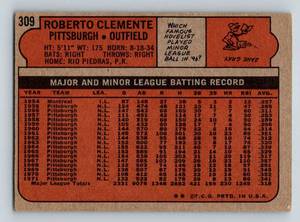 lot 7A image: Roberto Clemente 1972 Topps #309 Vintage Baseball Card