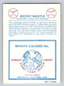 lot 11 image: Mickey Mantle 1977 TCMA #7 Renata Galasso Vintage Baseball Card