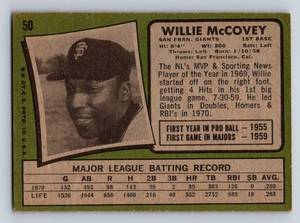 lot 17 image: Willie McCovey 1971 Topps # 50 Vintage Baseball Card