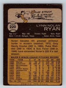 lot 67 image: 1973 Topps Nolan Ryan #220 Vintage Baseball Card