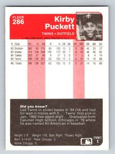 lot 97 image: Kirby Puckett RC 1985 Fleer #286 Vintage Minnesota Twins Baseball Card