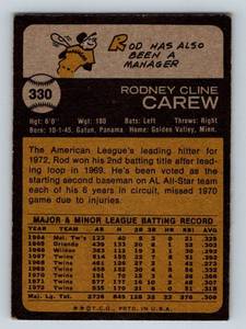 lot 102A image: 1973 Topps Rod Carew #330 Vintage Minnesota Twins Baseball Card