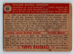 lot 110A image: 1952 Topps Billy Johnson # 83 Vintage Baseball Card