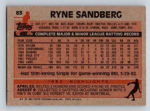 lot 118A image: Ryne Sandberg RC 1983 Topps #83 Cintage Baseball Rookie Card