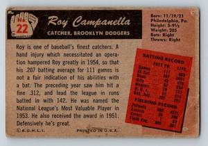 lot 122 image: 1955 Bowman Roy Campanella #22 Vintage Basebal Card