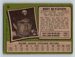 lot 130 image: Bert Blyleven RC 1971 Topps # 26 Vintage Rookie Minnesota Twins Baseball Card