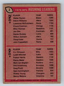 lot 167 image: OJ Simpson  Walter Payton 1977 Topps Rushing Leaders # 3 Vintage Football Card - 2nd Year Payton