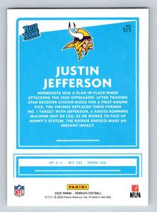 lot 173 image: Justin Jefferson RC 2020 Donruss Rated Rookies #313 Minnesota Vikings Football Card
