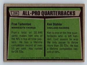 lot 190A image: Fran Tarkenton  Ken Stabler 1975 Topps #208 All-Pro QBs Vintage Football Card