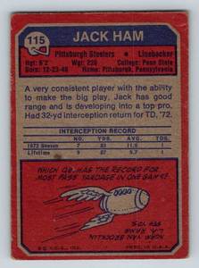 lot 225 image: Jack Ham RC 1973 Topps #115 Vintage Rookie Football Card