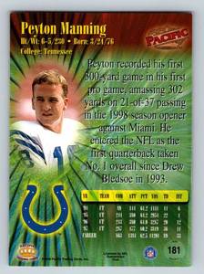 lot 231 image: Peyton Manning RC 1996 Pacific #181 Rookie Football Card