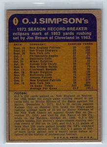 lot 221 image: 1974 Topps #1 O.J. Simpson Rushing Leader Vintage Football Card