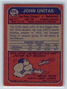 lot 203 image: 1973 Topps #455 John Unitas Vintage Football Card