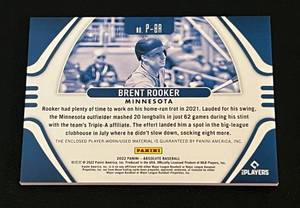 lot 86 image: Brent Rooker Jumbo Patch RC 99 2022 Absolute #P-BR, rare card with awesome relic patch, Minnesota Twins Baseball Card