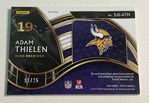lot 5 image: Adam Thielen 25 Relic Auto 2020 Select #JUS-ATH Minnesota Vikings Football Card - Numbered 1125, Rare - only 25 made