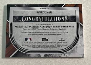 lot 31 image: Griffin Jax Auto Patch 15 2022 Topps Momentous Material #MMJPA-GJ, very rare, baseball card