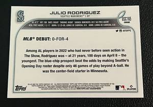 lot 41 image: Julio Rodriguez Purple Refractor RC 2022 Topps Chrome #USC165 Rookie Baseball Card