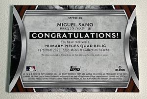 lot 129 image: Miguel Sano Quad Relic 99 2022 Topps Museum Collection #SPPPQR-MS Game Used Rare Minnesota Twinsa Baseball Card