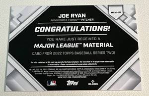 lot 132 image: Joe Ryan 199 Patch Relic 2022 Topps Major League Material Minnesota Twins Baseball Card