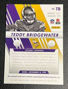 lot 199 image: Teddy Bridgewater 20 RC Jersey 2014 Absolute Rookie Collection #TB Minnesota Vikings Football Card