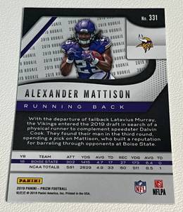 lot 219 image: Alexander Mattison RC 2019 Prizm #331 Rookie Minnesota Vikings Football Card