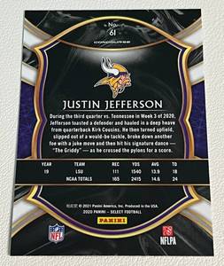 lot 224 image: Justin Jefferson RC 2021 Select #61 Minnesota Vikings Rookie Football Card