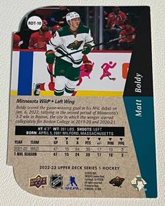 lot 245 image: Matt Boldy RC Die Cut 2022 Upper Deck#RDT-10 Minnesota Wild Rookie Hockey Card