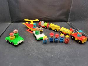 lot 856 image: Vintage Fisher-Price Little People, Helicopter, Baggage Tug and Trailers and Cars