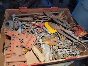 lot 203 image: Box of Assorted Hand Tools and Hardware - Turnbuckles, Vintage Hinges, Screwdrivers, Tin Snips, Chain and More