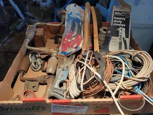 lot 204 image: Box of Assorted Hand Tools and Hardware - (2) Antique Hand Drills, Rivet Gun, wire Brush, Wire, PVC Pipe Cutter and More