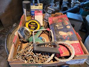 lot 210 image: Box of Assorted Hand Tools and Hardware - Pry Bar, 100 Tape Measure, Saw, Steel Wool, John Deere 100 Tape Measure and More