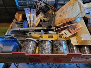 lot 216 image: Box of Assorted Hand Tools and Hardware - Screw Extractors, Level, Hacksaw, Repair Parts, Jars of Hardware and More