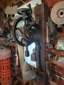 lot 227 image: Antique Canedy-Otto No. 0 Post Drill Press - Electric Motor Adapted, Includes Original Hand Crank and Post - Tested and Works