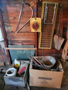 lot 255 image: Vintage Animal Traps, Grate, Glass Panes, Pulleys, Belts, New StopTaillight, Wood Boxes and More