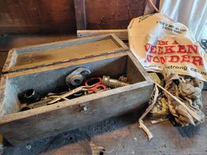 lot 259 image: Wood Toolbox with Hitch Pins and More