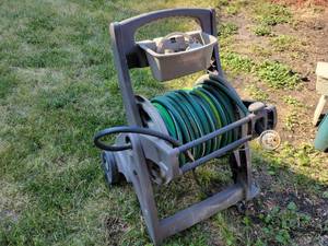 lot 263 image: Rolling Hose Reel and Hose with Assorted Valves