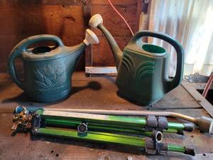lot 268 image: Aluminum Tripod Sprinkler, Watering Want and (2) Poly Watering Cans