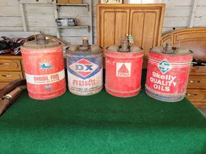 lot 369 image: (4) Vintage 5-Gallon Oil Cans - All Are Empty