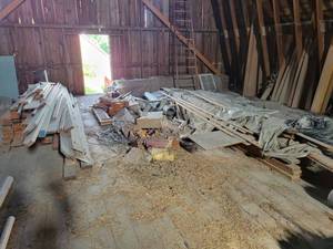 lot 33 image: Contents of Barn Loft - Multiple Piles of Lumber, Zinc Organ Pipes, Organ Parts and Tons More