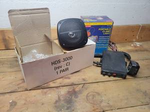 lot 399 image: New Speakers, Realistic CB radio and New in Box Clamp Halogen Light
