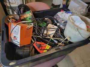 lot 504 image: Large Tote of Shop Supplies - Battery Charger, Wire, Sandpaper, Spotlight, Parts and More