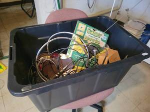 lot 510 image: Large Tote of Shop Supplies - Hardware, Weather Stripping, Knee Pads, Flashlight and More
