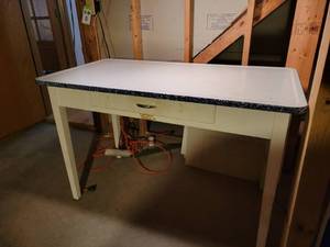 lot 613 image: Vintage Wood Table with Steel Enamel Top - Approx. 48 x 25 x 30.5