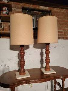 lot 614 image: (2) Mid-Century Turned Wood Table Lamps with Marble Bases - Approx. 36 Tall Each - Both Tested and Work