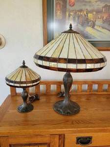 lot 53 image: Pair of Stained Glass Shade Lamps