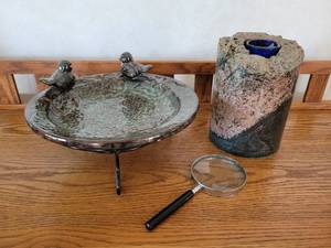 lot 54 image: Tabletop Bird-Themed Dish, Magnifying Glass, and Granite Core Candle Holder