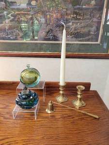 lot 68 image: Pair of Art Glass Paperweights, Brass Candlesticks, and Brass Candle Snuffer