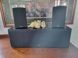 lot 78 image: Polk Audio Surround Sound Center Speaker and a Pair of Paradigm Satellite Speakers